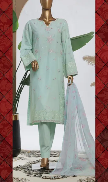 Pakistani Original Bin Saeed Luxury Plain Cotton Stitched 3 Pcs _ Mint 